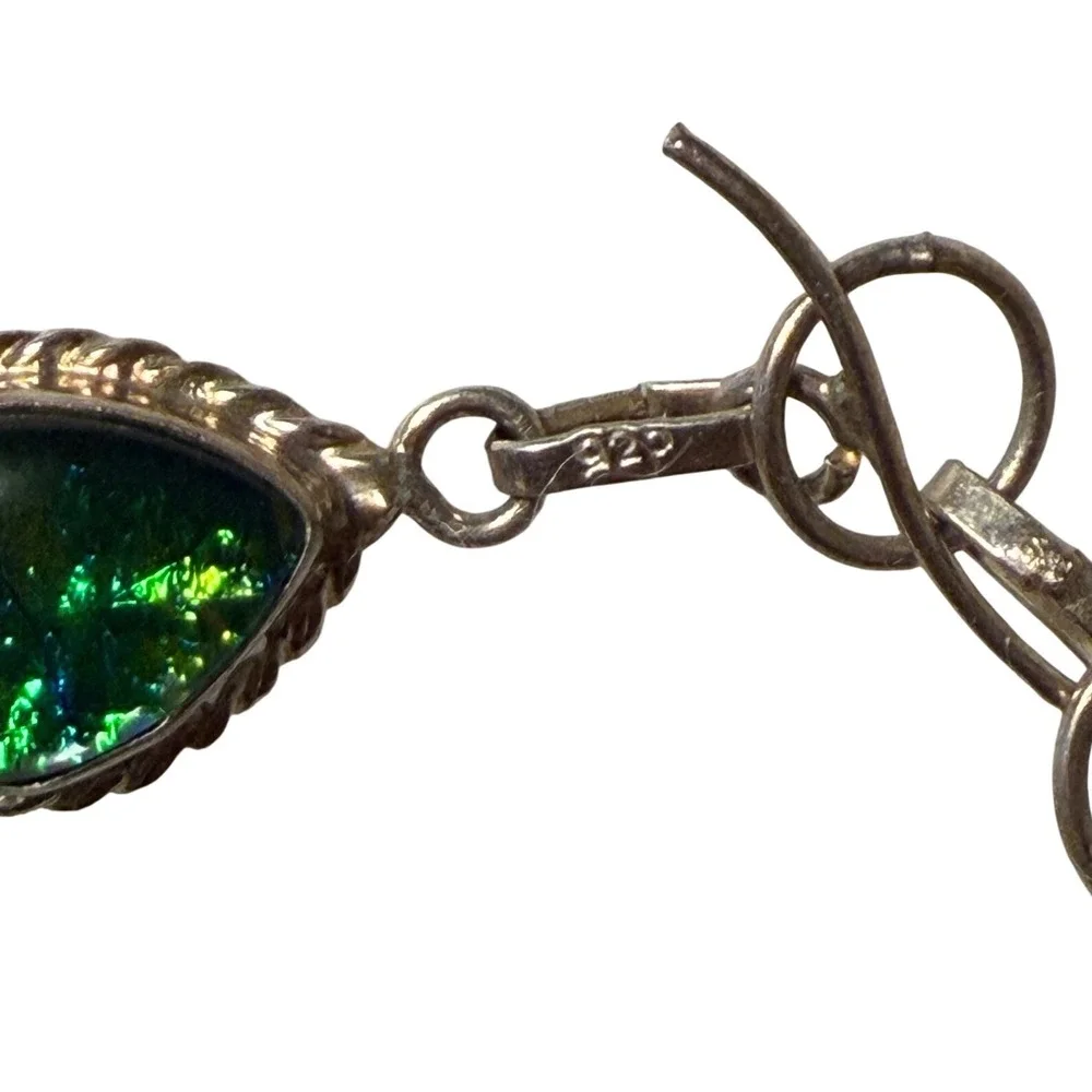 Vtg 925 Sterling‎ Silver Green Dichroic Glass Necklace Bracelet Earrings Set